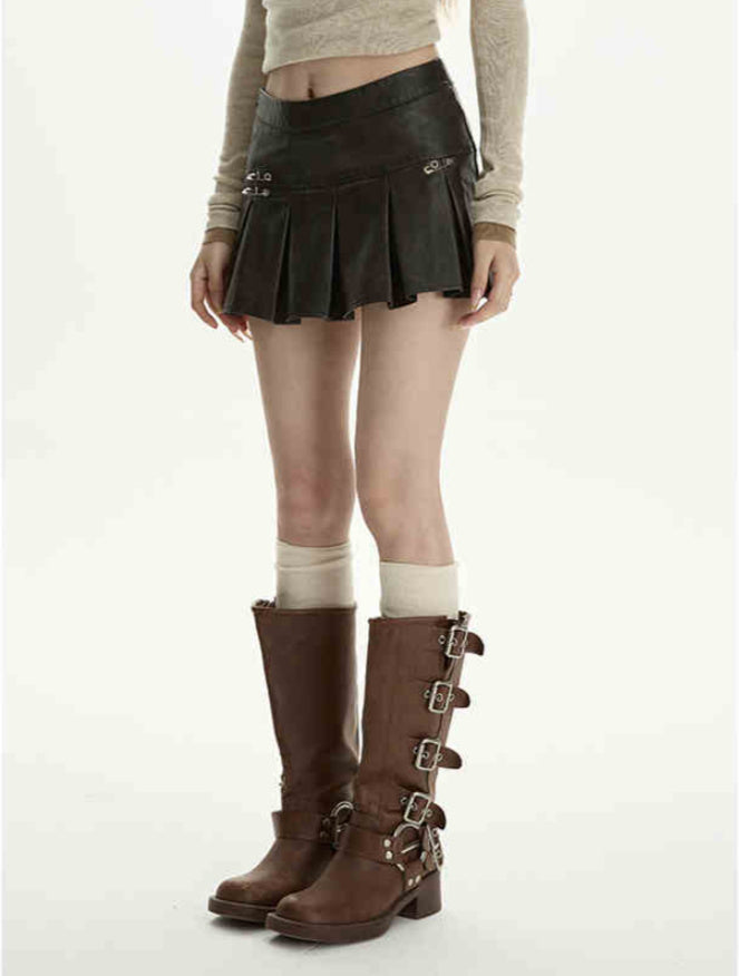High Waist Pleated A-Line PU Leather Skirt for Women