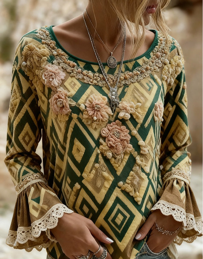 Women's Bohemian Style V-Neck Long Sleeve Shirt - Loose Printed Top