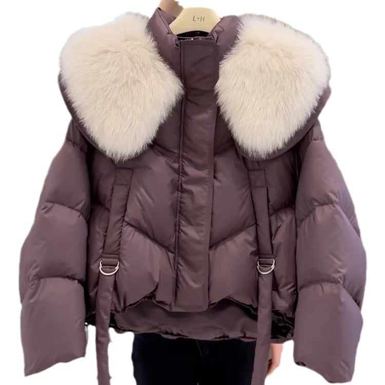 Manteau d'hiver matelassé en coton noir avec col en fourrure pour femme