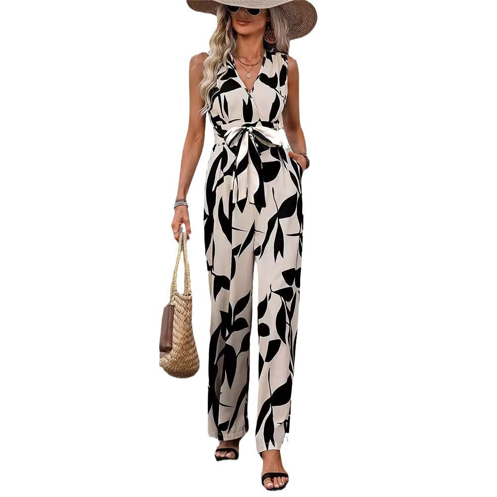 High Waist Lace-Up Wide Leg Jumpsuit for Women