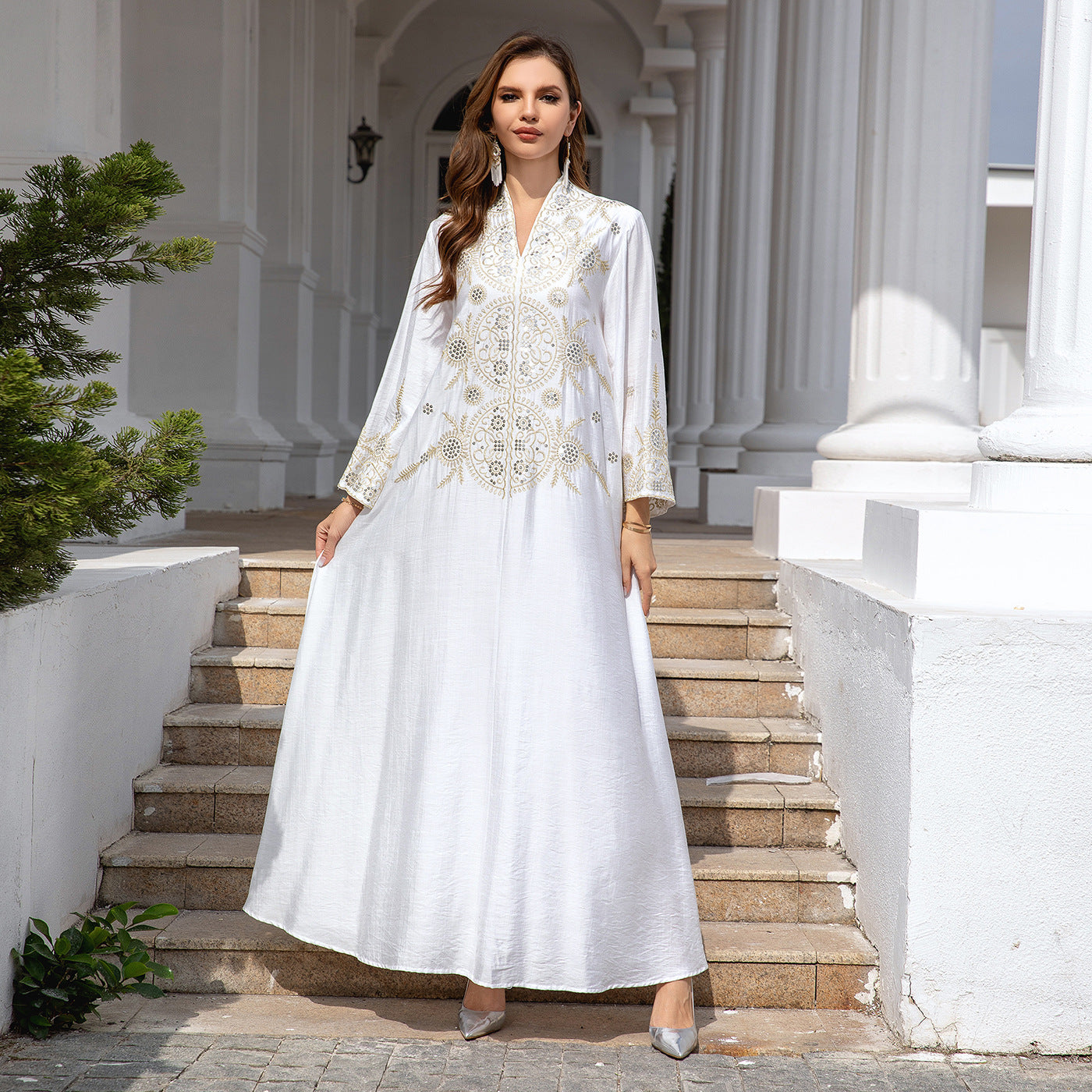 Muslim Women's Embroidered Robe Dress Long Sleeve Polyester