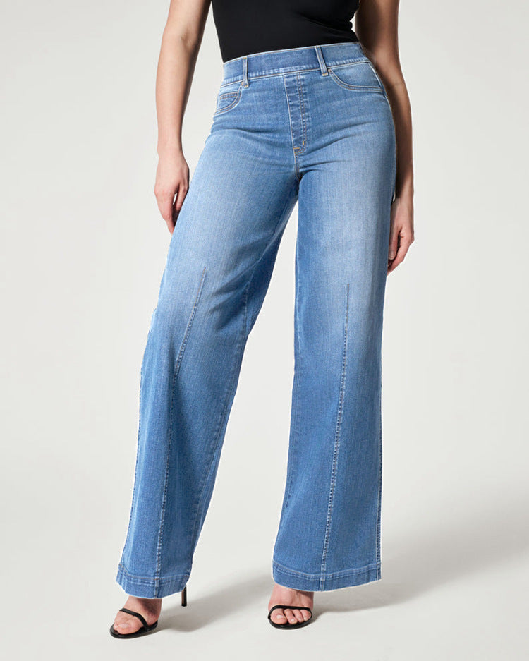 Jeans femme taille mi-haute jambe droite large avec taille haute élastique
