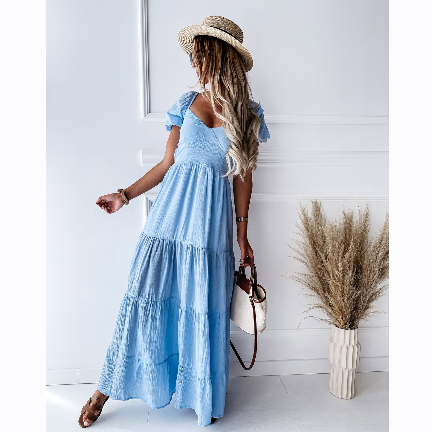 Short Sleeve Solid Color Lace-up High Waist Dress