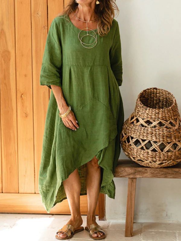 Women’s Green Cotton Linen Maxi Dress Summer Loose Casual Pocket Robe