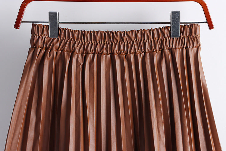 High Waist Mid-Length PU Leather Pleated Skirt for Women Solid Color