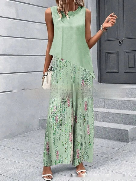 Women's Sleeveless Round Neck Top & Printed Pants Set Spring Summer