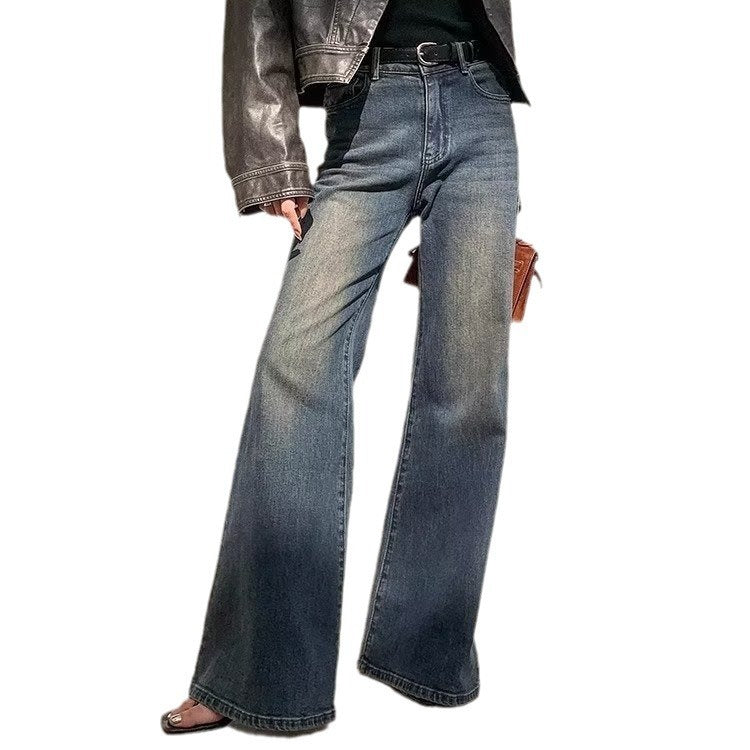Jeans micro-pull taille haute rétro femme bleu délavé