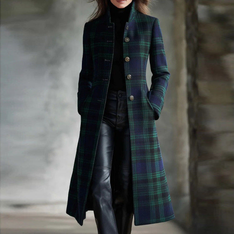 Women’s Green Plaid Long-Sleeve Single-Breasted Cardigan Coat