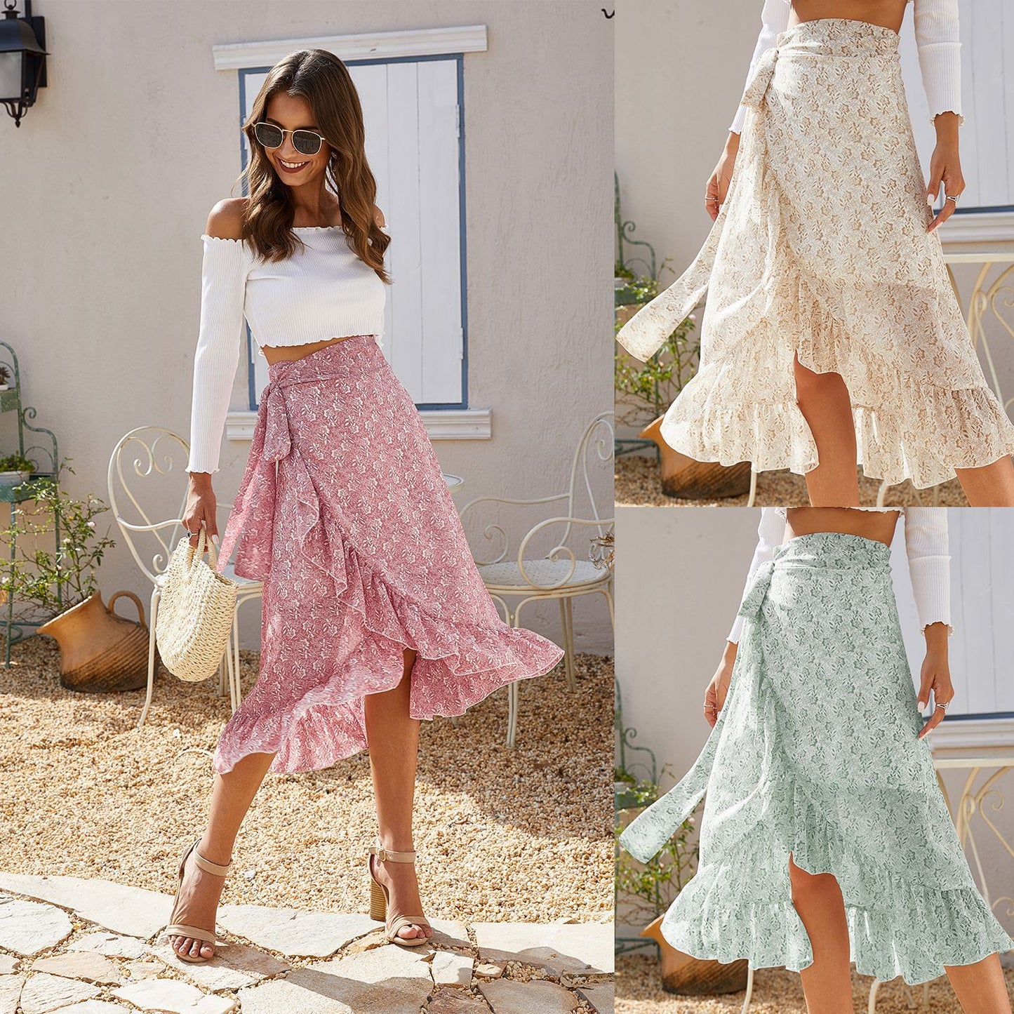 Women’s High Waist Black Floral Chiffon Wrap Ruffle A-Line Skirt Spring Summer