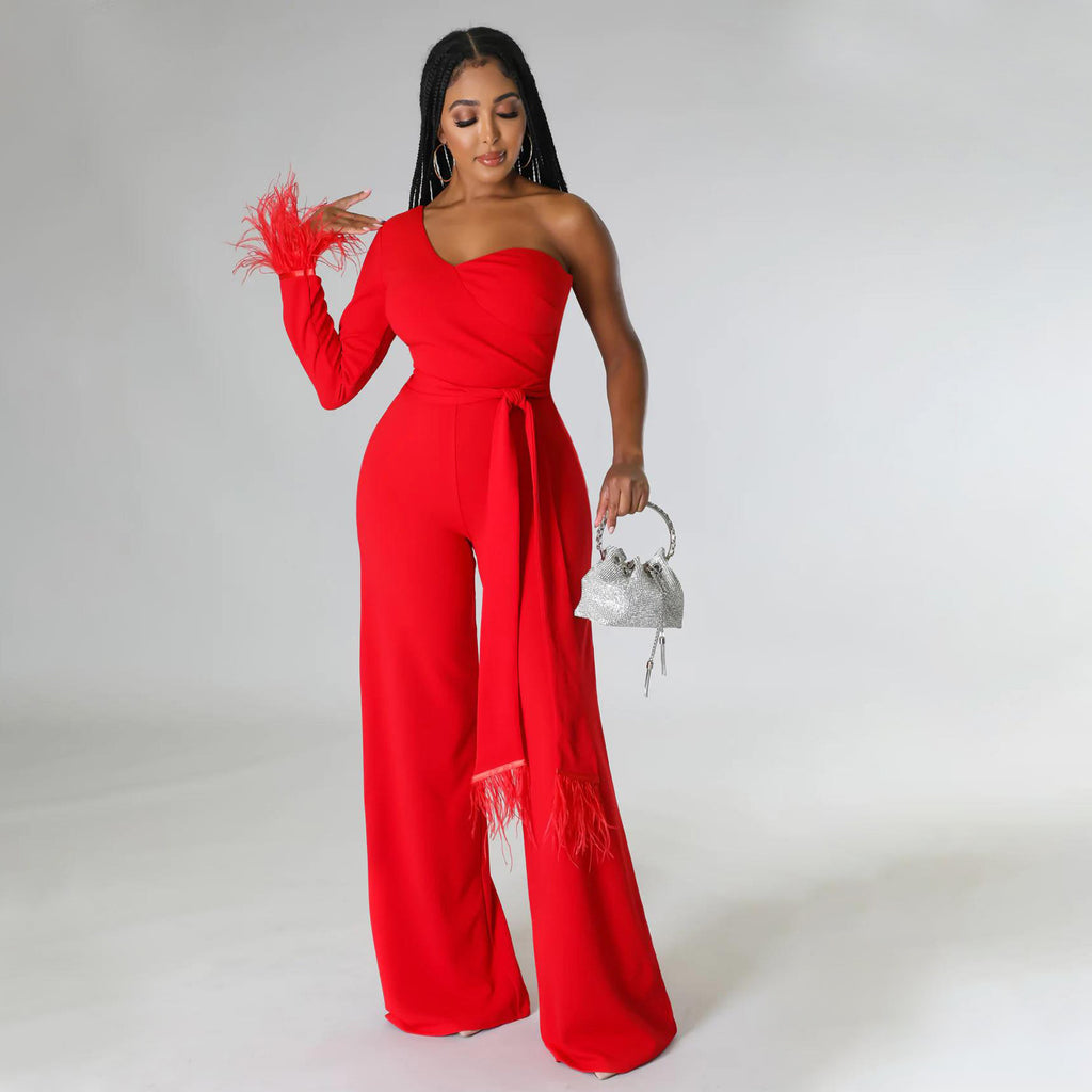 Wide-Leg Tassel Jumpsuit with One-Shoulder Design