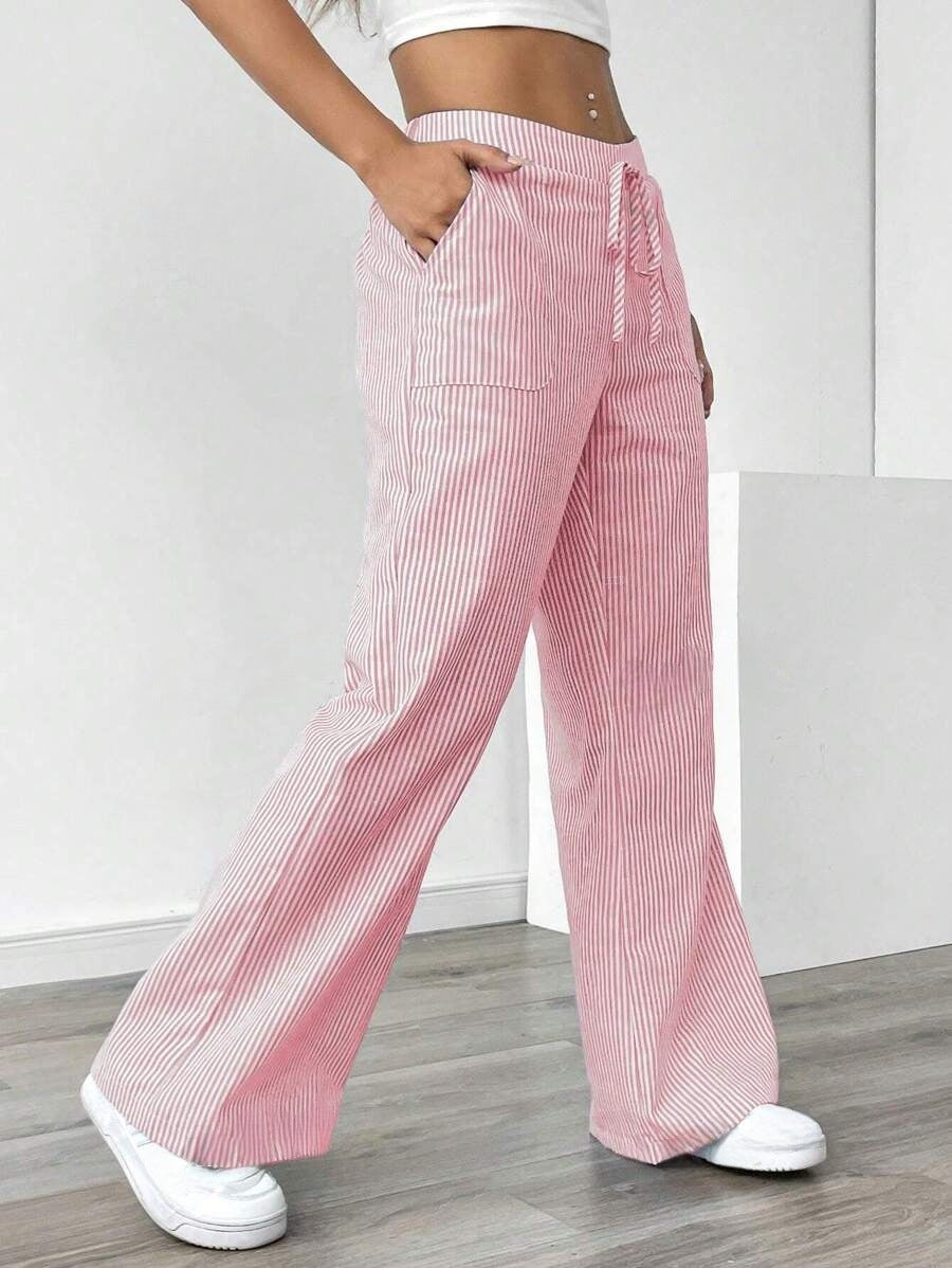 Striped Wide Leg Trousers with Pockets Casual Loose Pants for Women