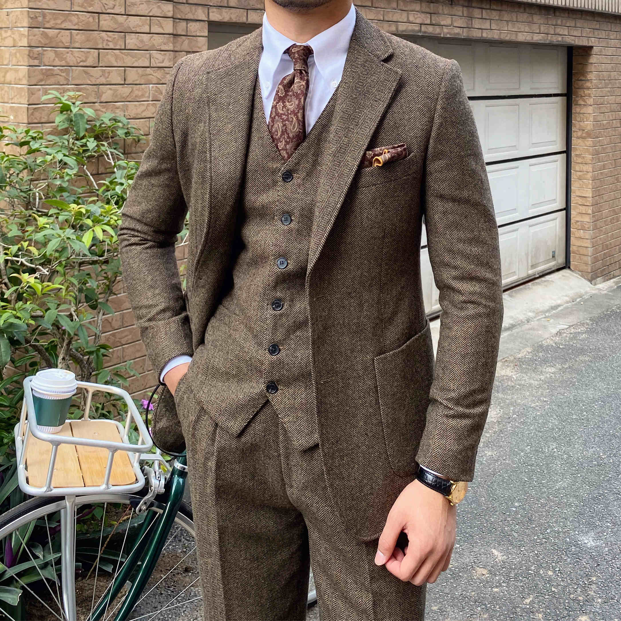 Retro Herringbone Wool Slim Fit Men's Winter Suit Set