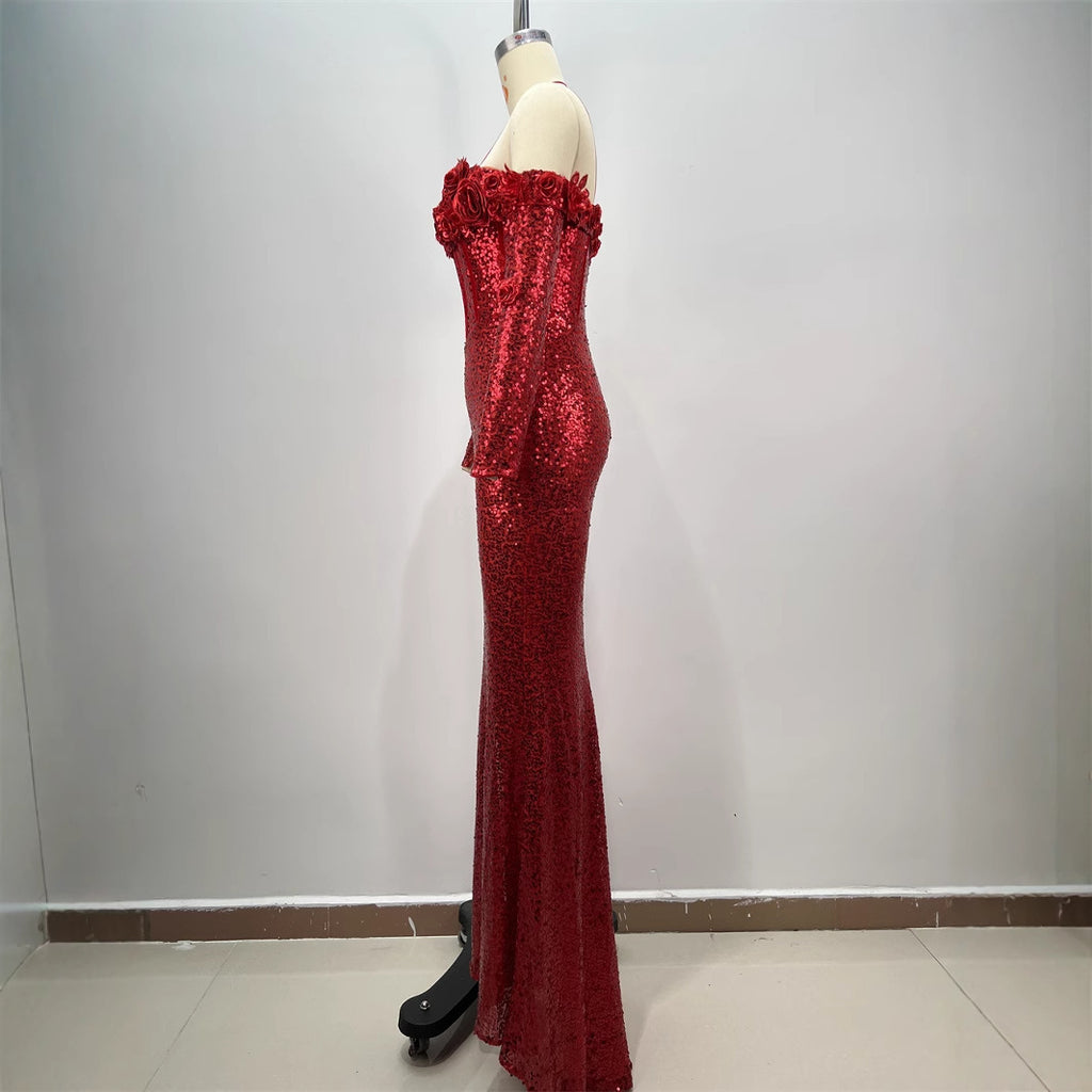 Women's Dark Red Slim-Fit Sequined Skinny Dress