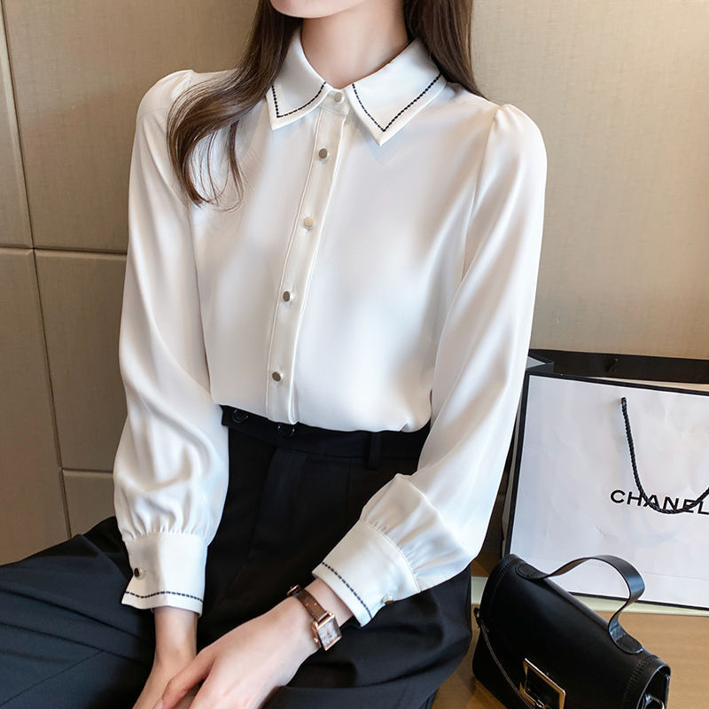 Haut de sous-vêtement en mousseline blanche à manches longues pour femmes – Chemise formelle printemps et automne