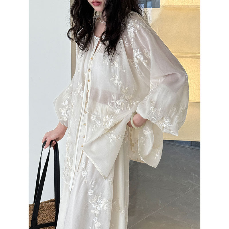 Chinese Style Embroidery Apricot Lantern Sleeve Mid-Length Dress Set M-L