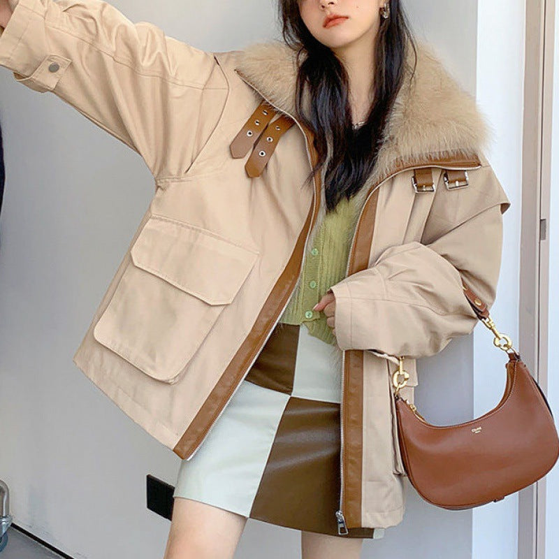 معطف نسائي أخضر جيشي بياقة فرو الثعلب الصناعي قابل للفصل