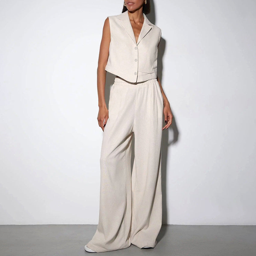 Gilet de costume pantalon large taille haute couleur unie