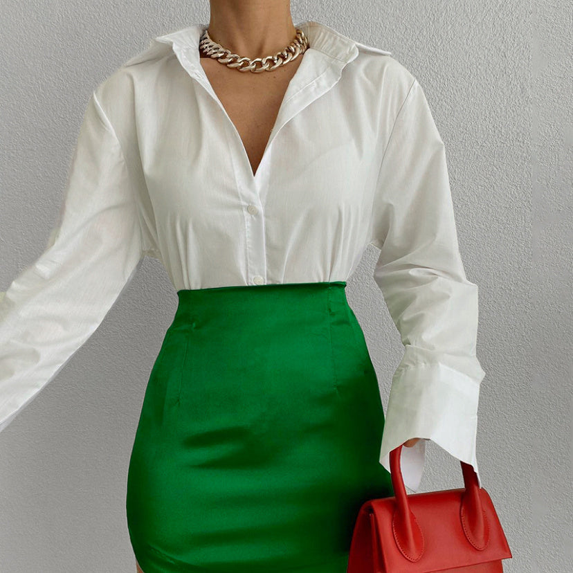 Women's Loose Casual Long-Sleeve Shirt in White, Yellow & Green