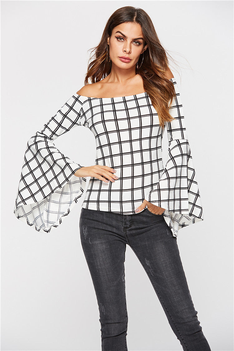 Off-The-Shoulder White Flared Sleeve Long-Sleeve Slim Fit T-Shirt for Women
