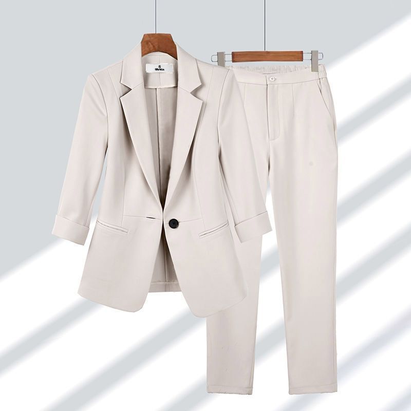 2pcs Women's Casual Blazer Set Solid Color Lapel Single-Breasted Jacket & Zipper Pants Office Suit