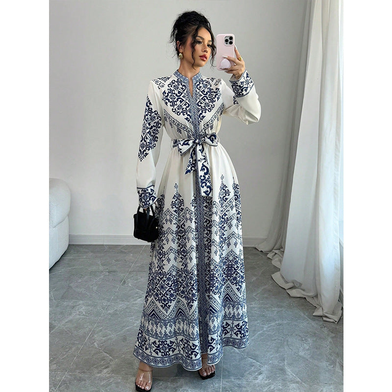 Vintage Blue Floral Women's Dress High Waist Short Sleeve