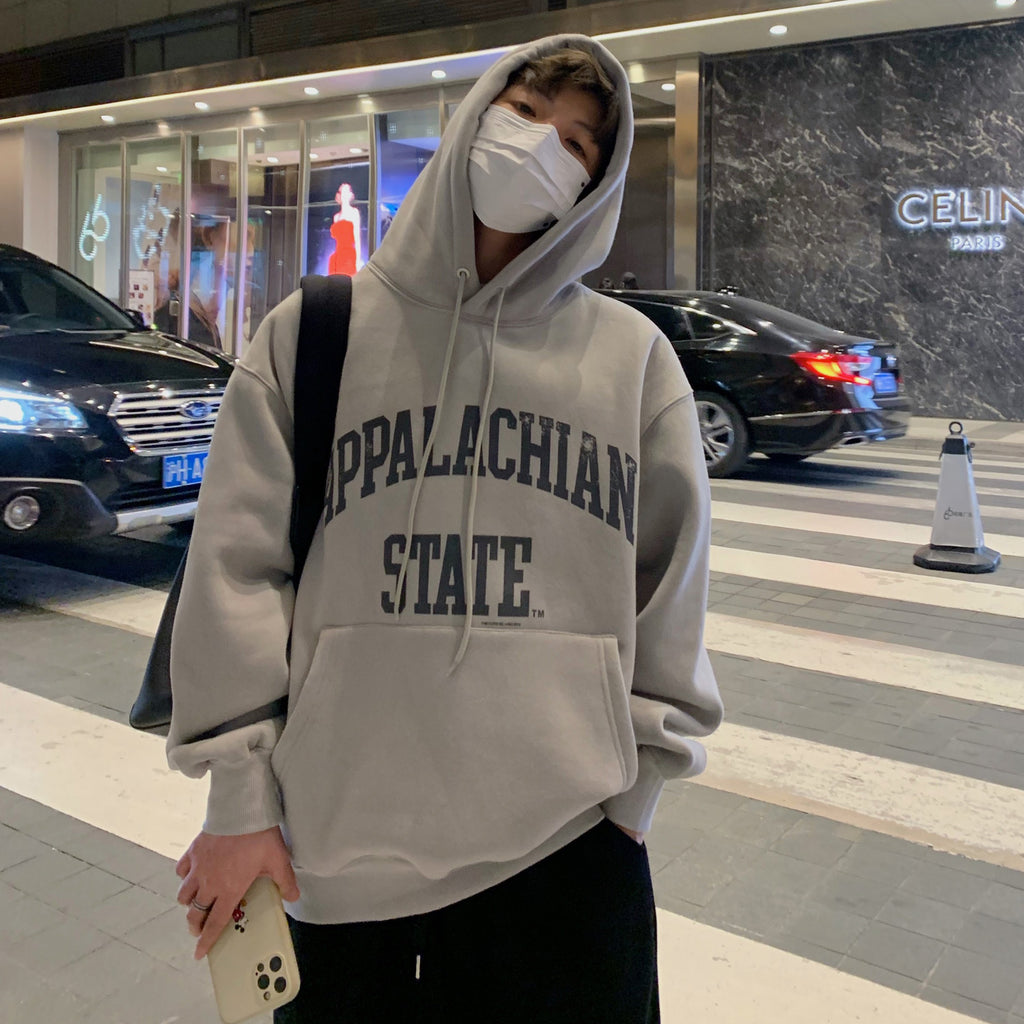 Men's Fashion Cotton Print Hooded Sweatshirt in Navy Blue & Khaki Gray