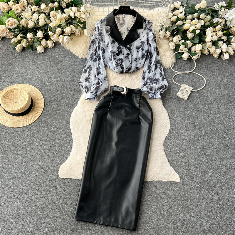 Suit Collar Floral Chiffon Shirt High Waist Tight PU Leather Half-body Skirt Set