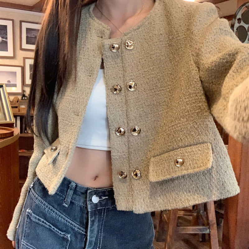 Apricot Round Neck Tweed Short Coat French Style