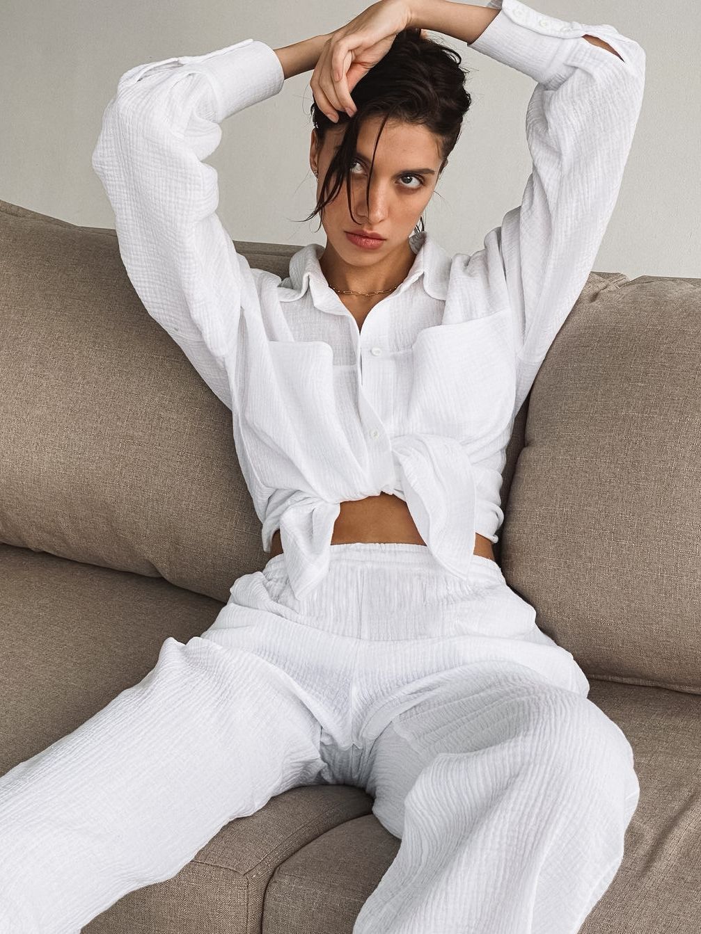 Women's Cotton Casual Loose Long Sleeve Shirt & High Waist Straight Pants Set