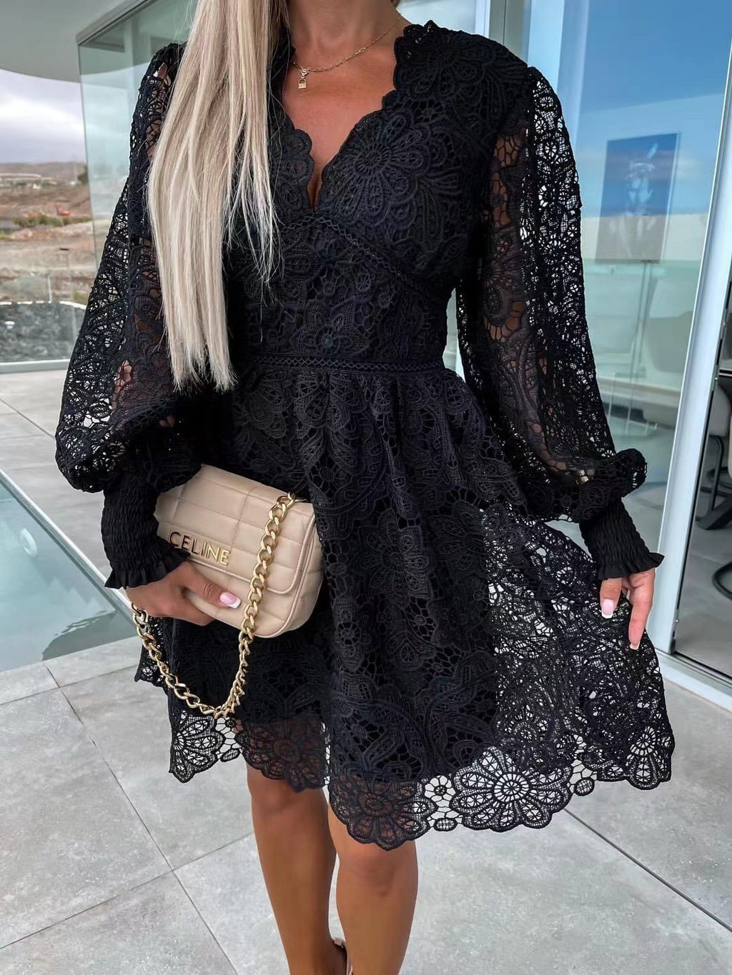 Sexy Hollow Lace Embroidered V-Neck Medium Dress for Commute