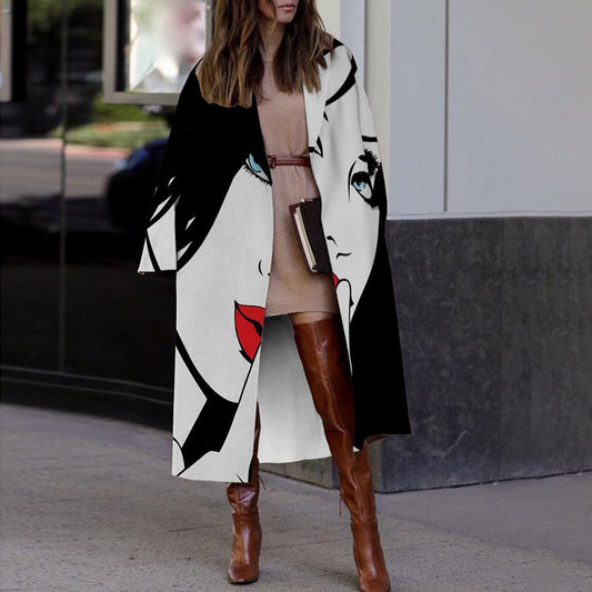 Fall Winter Mid-Length Wool Lapel Print Jacket in Black White