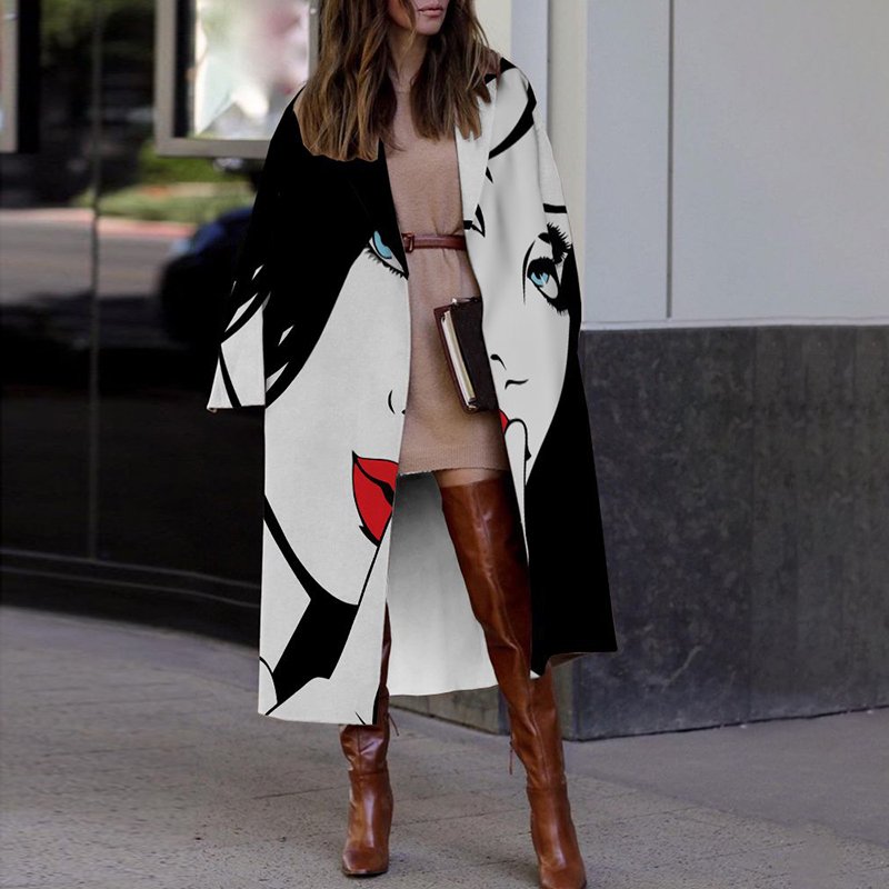 Veste mi-longue en laine imprimée à revers noire et blanche Automne Hiver