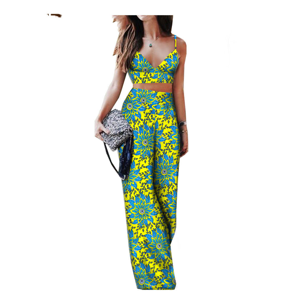 Printed Ladies Cotton Two-Piece Vest & Wide Leg Pants Suit