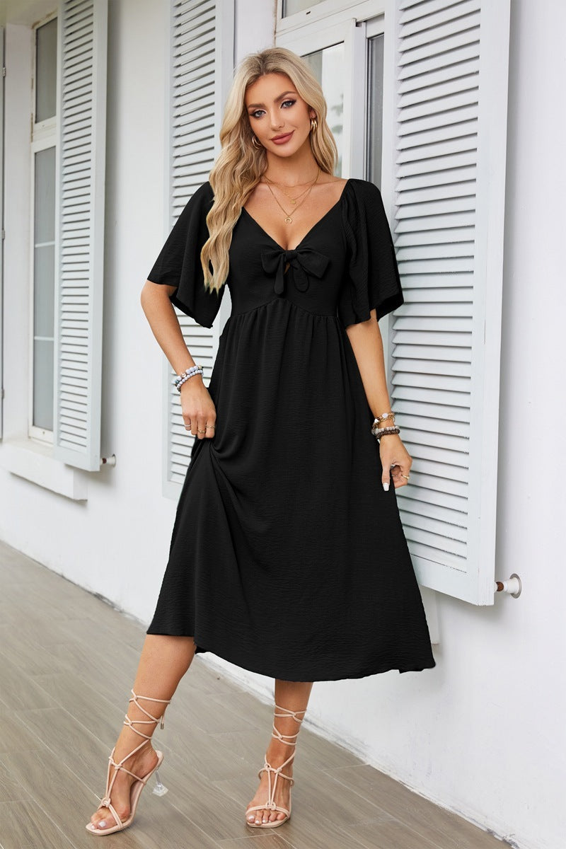 Women's Spring Summer Bow V-Neck Pleated Mid-Length Short Sleeve Dress
