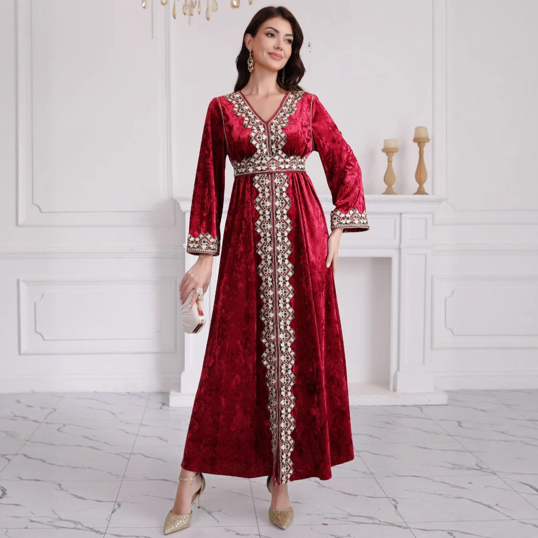 Arab Women's Slim V-neck Long Sleeve Embroidery Pleuche Dress