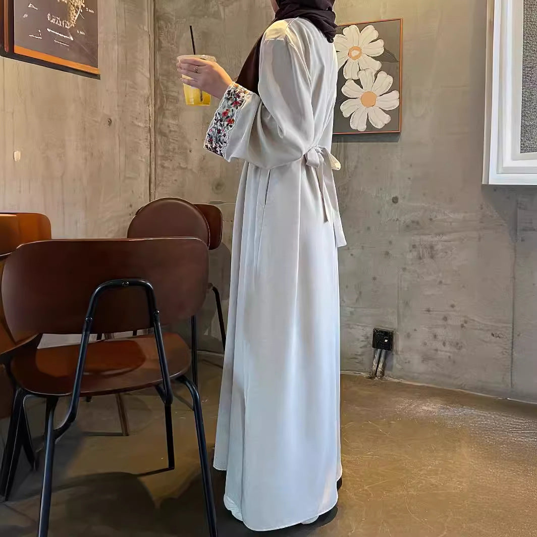 Robe musulmane brodée à manches longues en polyester abricot