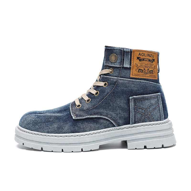 Chaussures de skate montantes en jean avec talon compensé bleu et noir