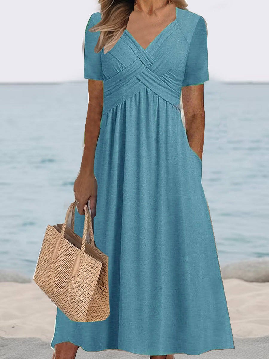 V-Neck Waist-Tight Spring Summer Dress Outerwear Nightdress in Black, Emerald, Peacock Blue, Sizes M-XXXL