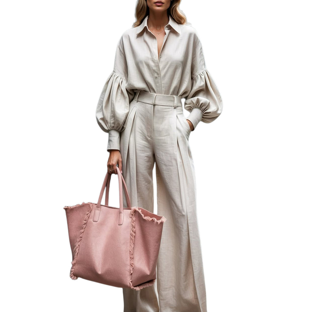 Cotton Linen Two-Piece Suit Long-Sleeve Shirt & Wide-Leg Pants