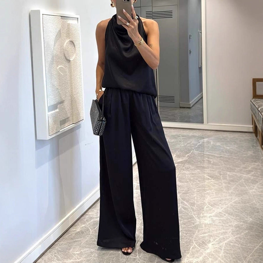 Ensemble deux pièces sans manches en satin avec pantalon ample pour femme
