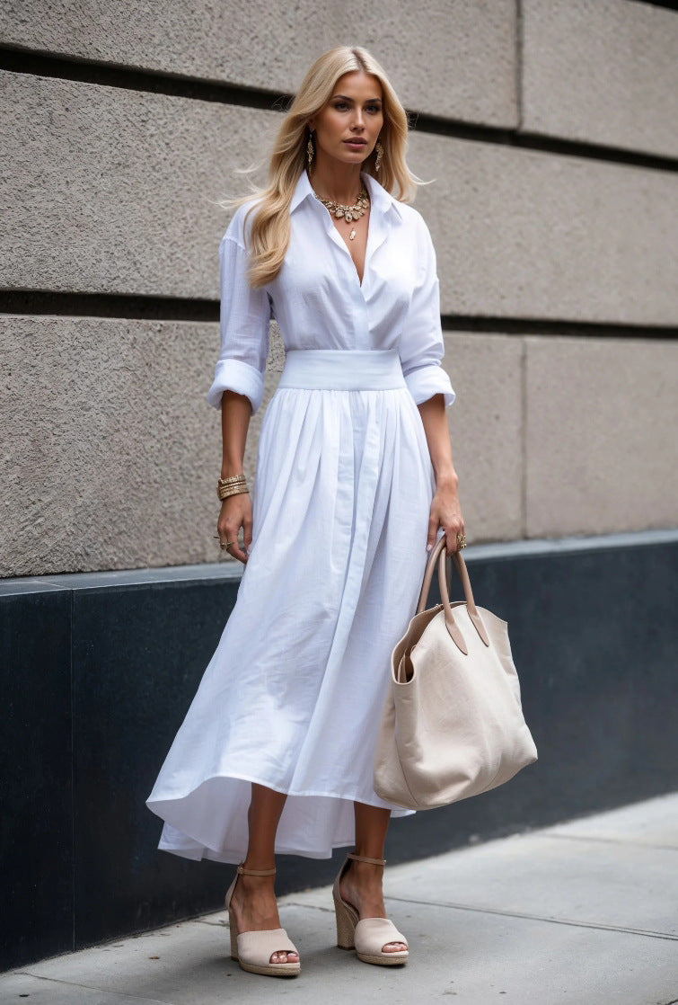 V-neck Tight Waist Long Dress Women