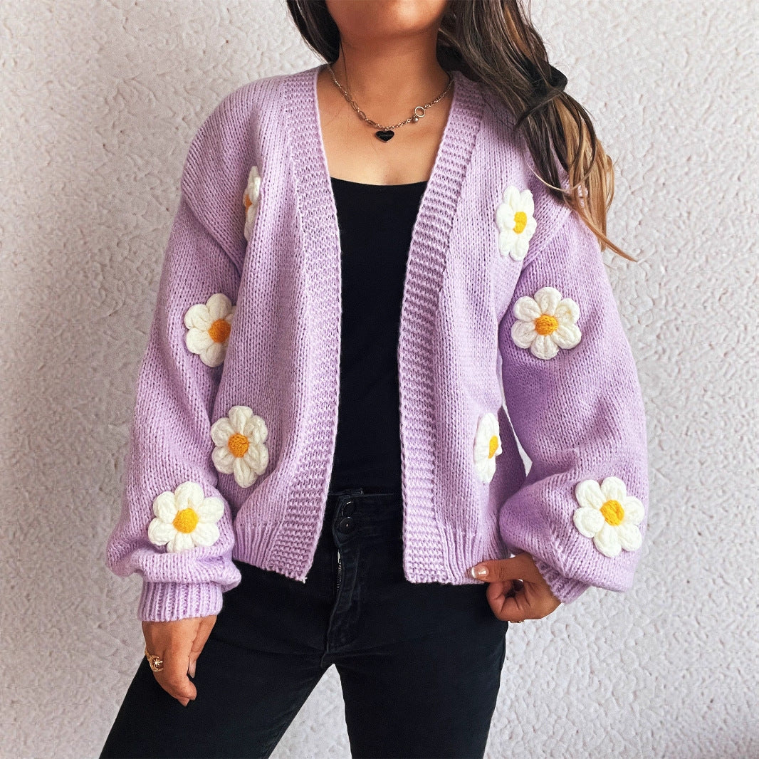 Casual Knitted V-neck Stitching Flower Cardigan Sweater