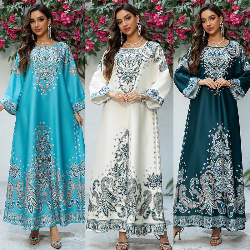 Dubai Printed Muslim Women's Long Sleeve Dress Polyester