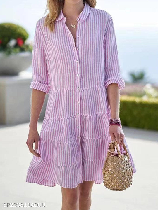 Striped Long-Sleeve Lapel Button Shirt Dress for Women