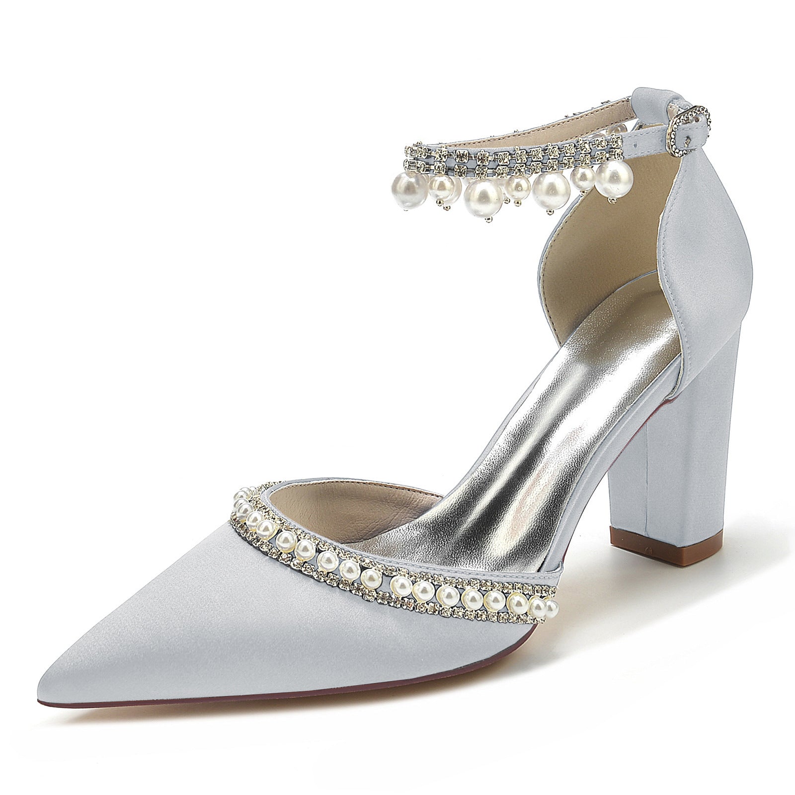 Escarpins à bout pointu en satin avec strass et chaîne, à talon carré