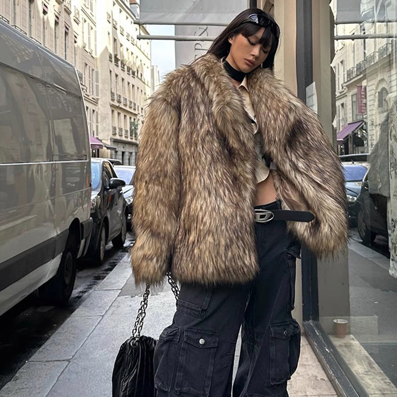 Women's Fur Coat Raccoon Fur Coat Brown Lapel Warm Furry Coat European And American Leisure