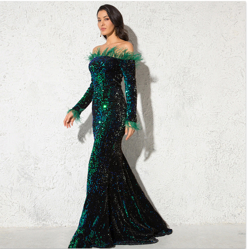 Off-the-Shoulder Fishtail Party Dress in White, Green, Black & Wine Red, Sizes S-XL