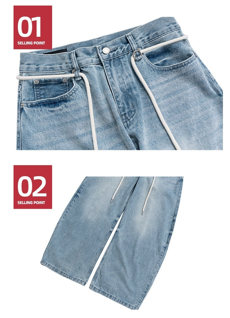 Vintage Washed Jeans With Drawstring Belt