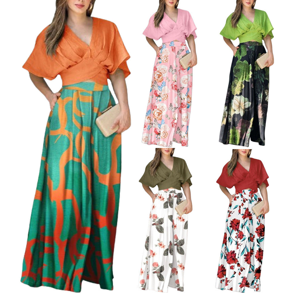 Women's Summer Printed Two-Piece Suit Short Sleeve Top & Pocket Trousers