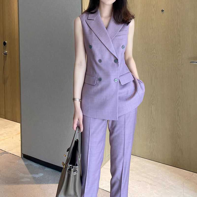Women's Slim Fit Cropped Pants Suit in Taro Purple Polyester